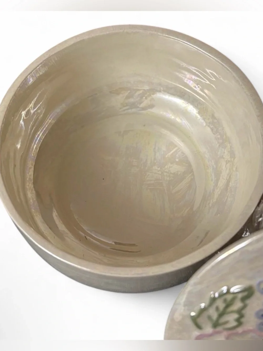 vintage iridescent lusterware ceramic trinket box featuring a floral lid